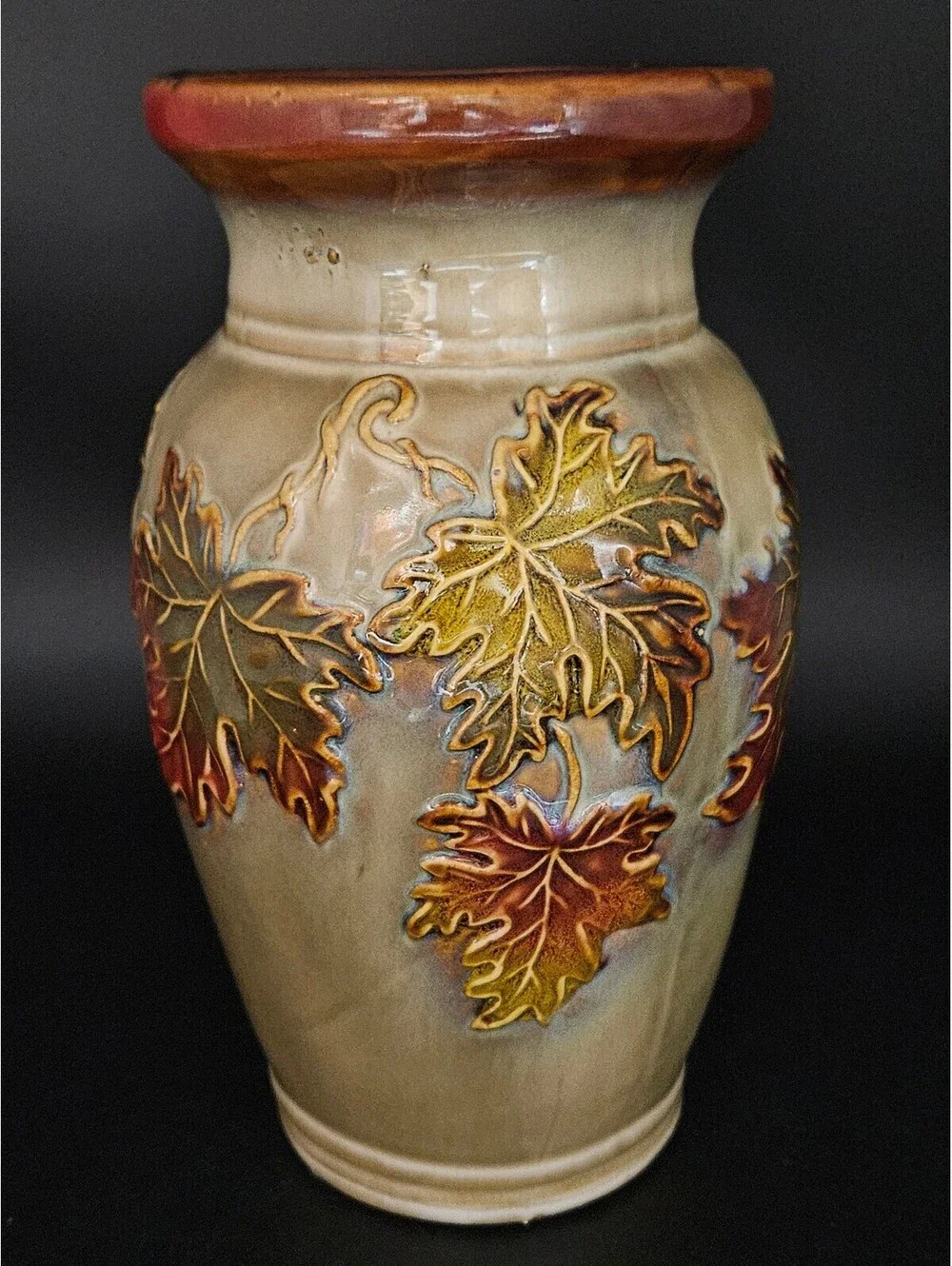 Vintage Ceramic Vase with Raised Autumn Leaves Design